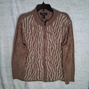 Jenny Zippered Knit Sweater Womens Xl Brown Cream‎